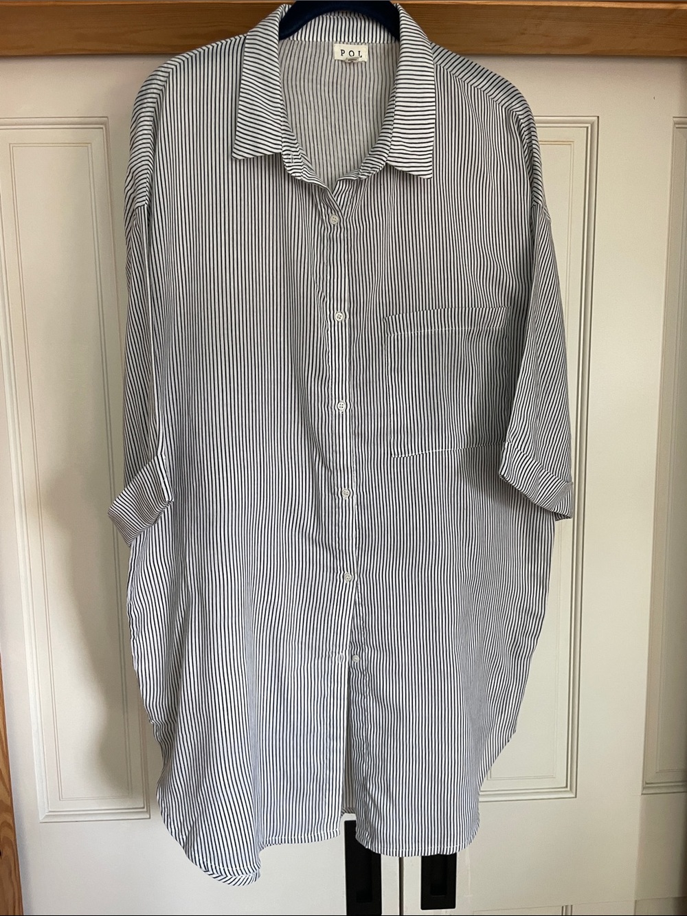 POL Women's Grey and White Striped Button-Down Shirt